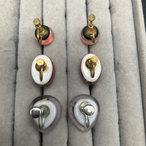 Vintage Lucite Reverse Carved Flower Jewelry Lot 3 Brooches 3 Pairs Earrings