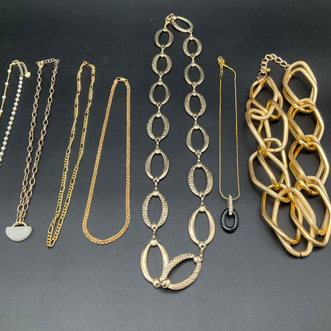 Gold Tone Fashion Jewelry Lot of 8 Necklaces Bold Links Charms Faux Pearl