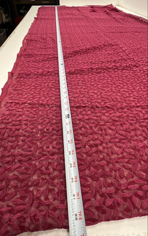Vintage Burgundy Sheer Mesh Soutache Leaf Embroidered Fabric 186" x 40" 5 Yds