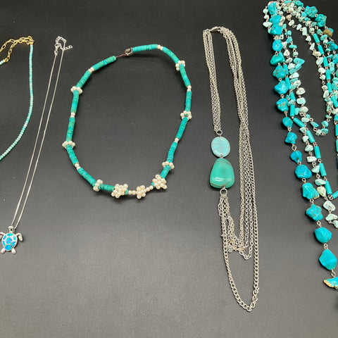 Luna Norte Faux Turquoise Beaded Necklace Lot 8 Ornate Cross Turtle Pendants