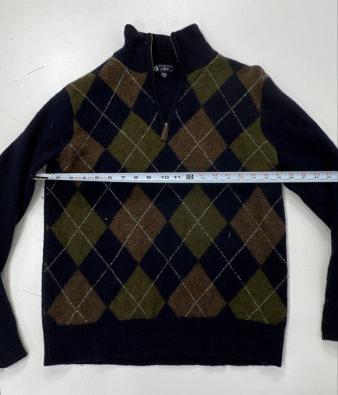 J. Crew Men's Navy Argyle 100% Lambswool Quarter Zip Sweater Elbow Patches Sz L