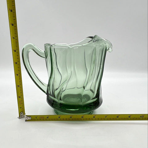 Vintage Green Glass Pitcher Wavy Optic Pattern 6.5 Inch