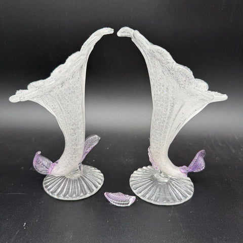 Antique Art Glass Vase Set of 2 Crackle Ice Texture Purple Leaf Accent C.1900