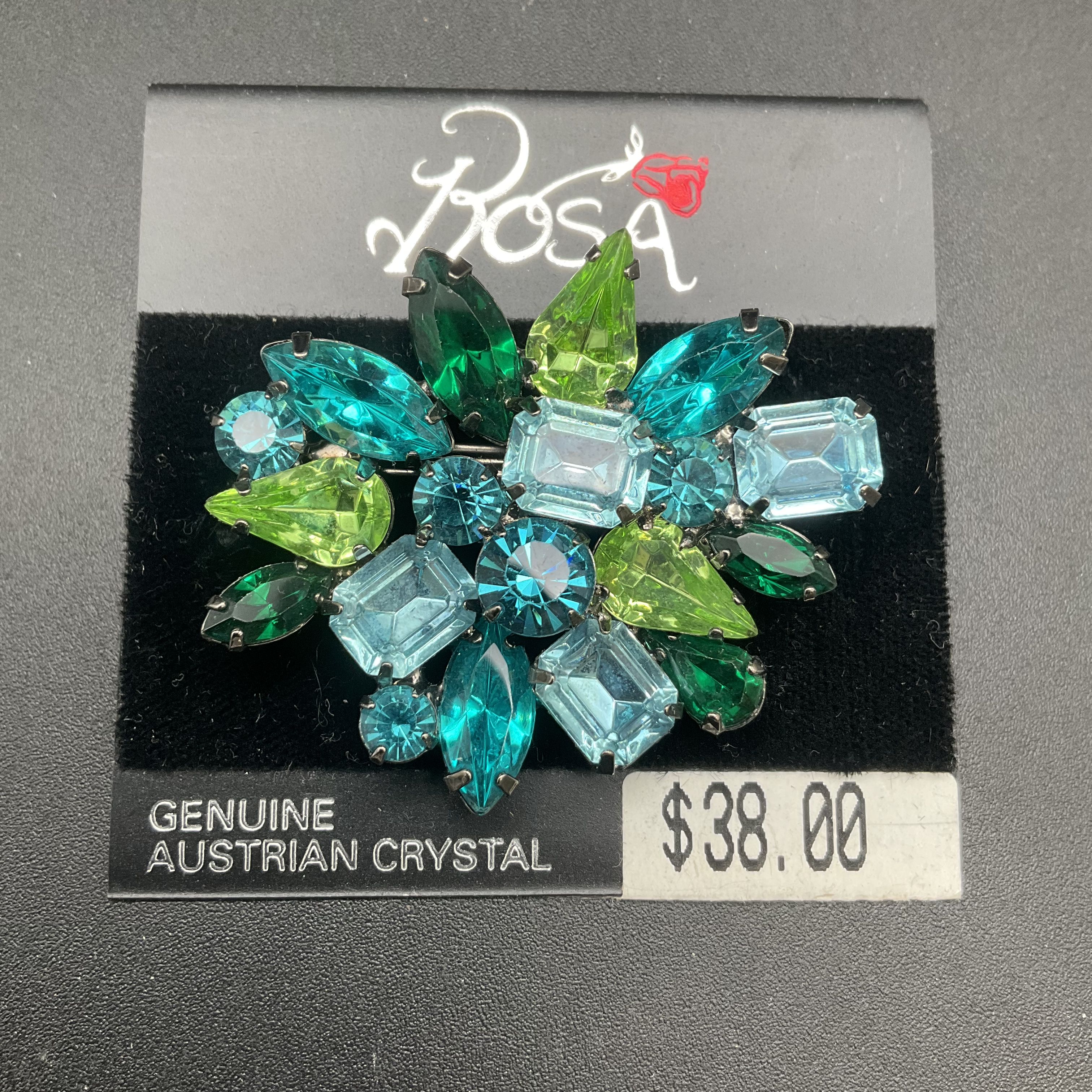 AUSTRIAN KRISTALL 53177 レア Vintage Rosa Austrian Crystal Brooch Pin Blue Green Floral Cluster