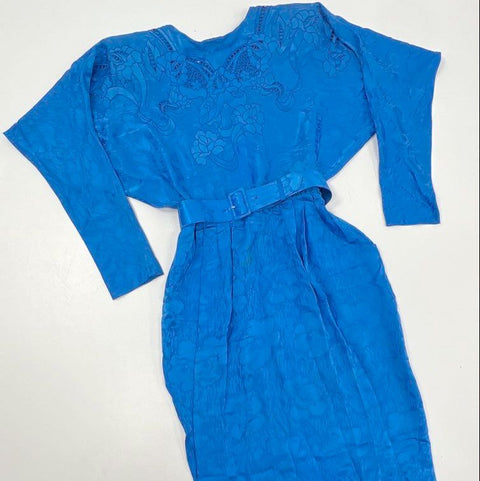 Vintage 90s Christopher Shannon Women's Blue Silk Floral Eyelet Belted Dress 10