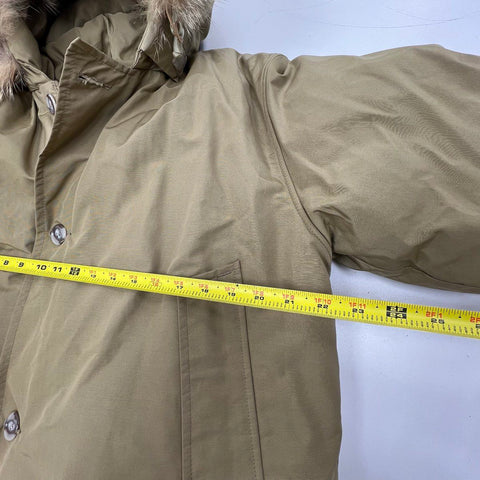Vintage 80s Woolrich Men's Arctic Parka Down Coat Coyote Fur Hood Tan Sz M