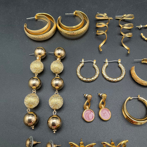 Vintage & Modern Gold Tone Jewelry Lot of 20 Pairs Hoops Studs Dangles Fashion