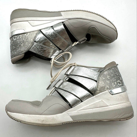 Michael Kors Mindy Silver Metallic Strap Wedge Trainer Sneakers Women's Size 9