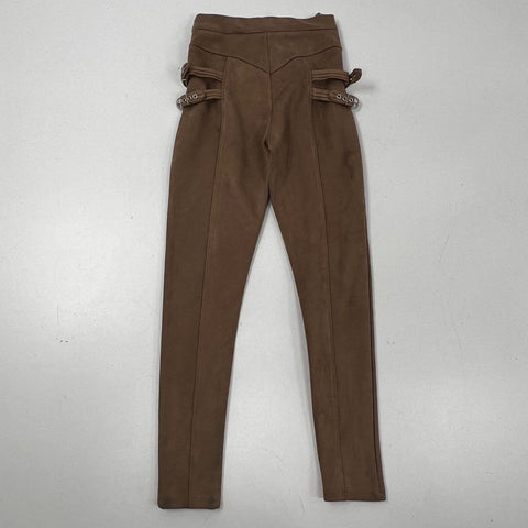 Maniere De Voir Women's Brown High Waist Multi Buckle Faux Suede Pants Sz 6