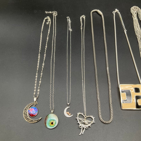 Silver Tone Jewelry Lot 9 Necklaces Boho Geometric Moon Heart Feather Tassel
