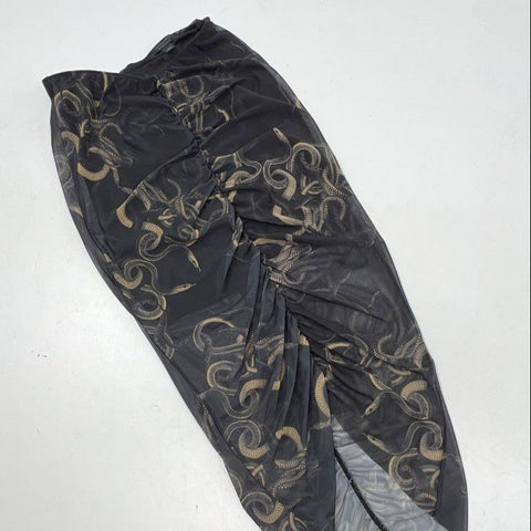 AllSaints Women's Black Snake Print Ruched Mesh Midi Skirt Size 4