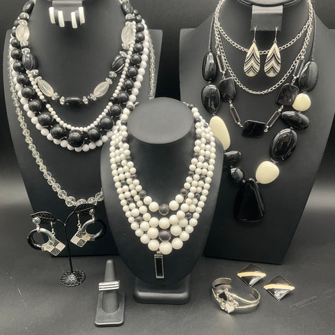 Vintage & Modern Black & White Costume Jewelry Lot of 16 Necklaces Earrings