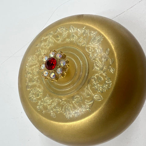 Vintage 70s Lady-Mate Gold Musical Powder Jar Trinket Box Sankyo Jeweled Lid
