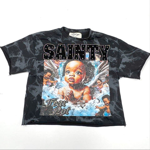 BKYS Men's Black Wash Sainty Fear Not Rhinestone Cherub Graphic T-Shirt Sz 2XL