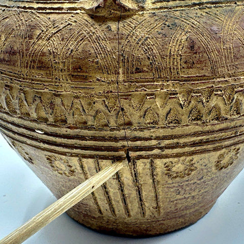 Vintage Pottery Vase Ring Handles Incised Geometric Folk Art Style Brown 11"