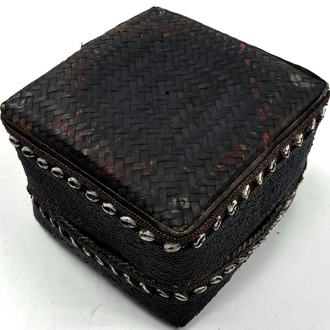 Sumatran Beaded Wedding Basket Pair Indonesian Bamboo Nassa Shell Batik Vintage