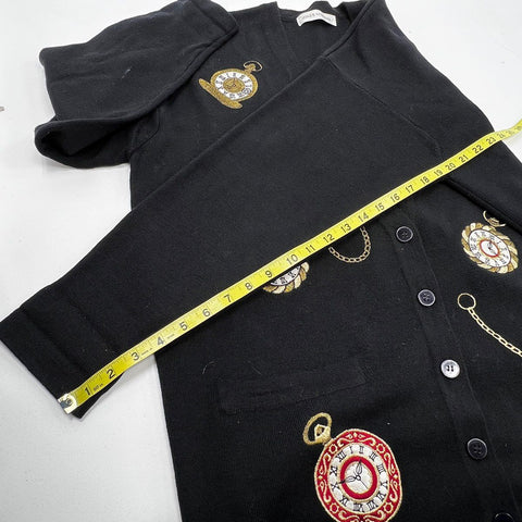 Vintage 90s Jones New York Women's Black Pocket Watch Embroidered Cardigan