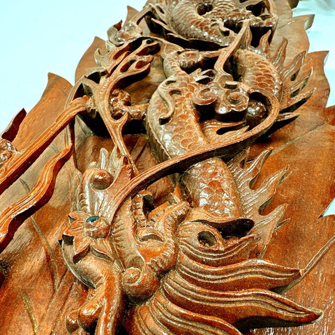 Hand Carved Wood Dragon Wall Plaque Panel Asian Motif 31 Inch Vintage