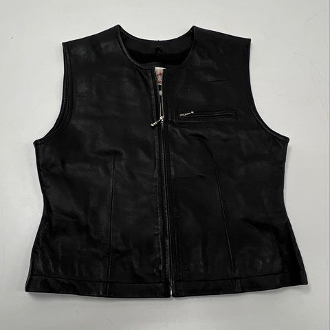 Vintage 90s Saguaro West Women's Black Leather Full Zip Biker Vest Western Sz S