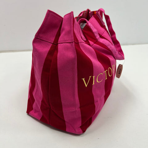 NWT Victoria's Secret Pink Red Striped Canvas Tote Bag Gold Logo