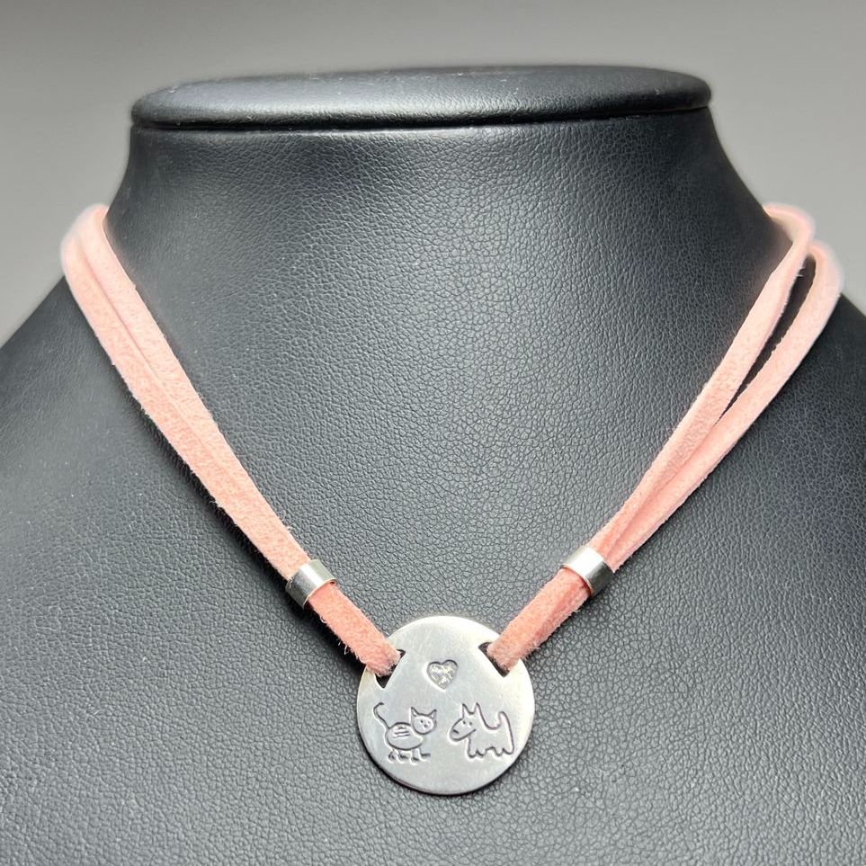Silpada Sterling Silver Cat & Dog Pendant Pink Leather Cord Necklace