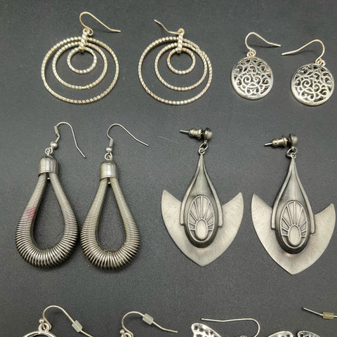 Vintage & Modern Costume Jewelry Lot 22 Pairs Earrings Hoops Dangles Silver Tone