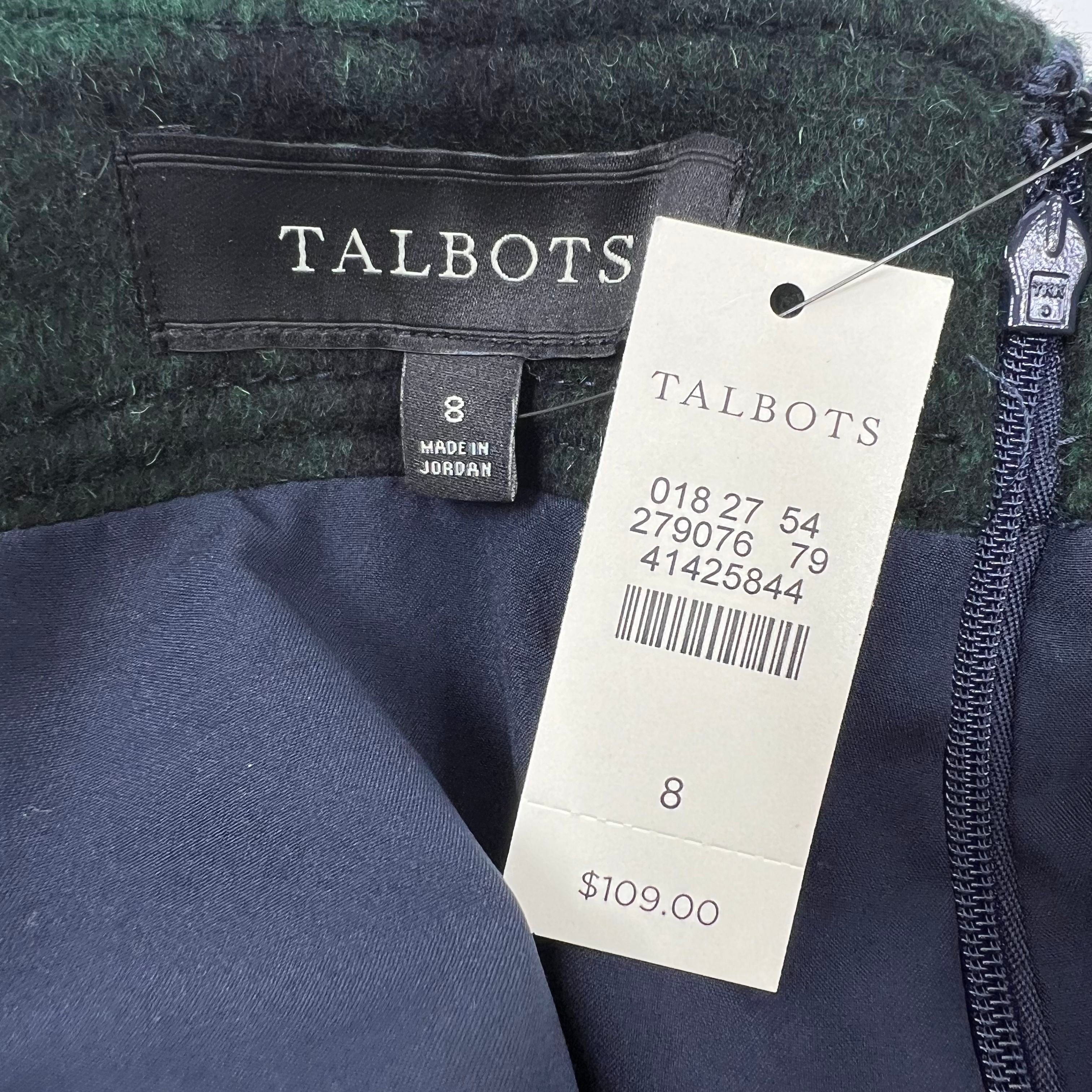 NWT Talbots Green Blue Black Watch Plaid Wool Blend A-Line Skirt Women's Size 8