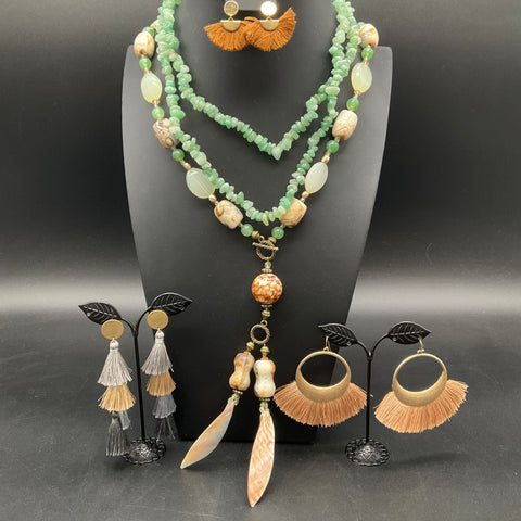 Boho 5-Item Jewelry Lot 2 Necklaces 3 Pairs Tassel Earrings Aventurine Shell