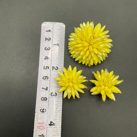 Vintage Made in Austria Yellow 3D Chrysanthemum Flower Brooch Earrings Set