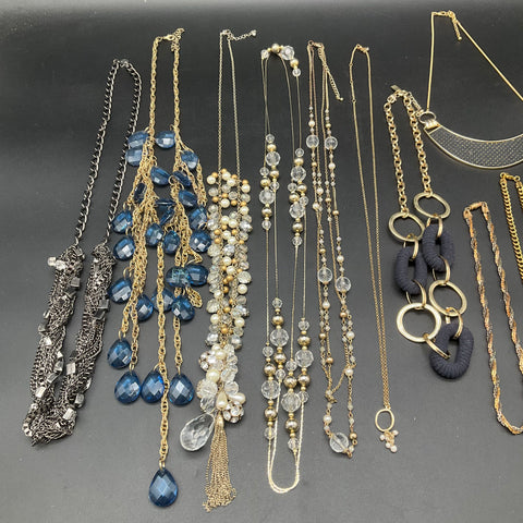 Vintage & Modern Costume Jewelry Lot 11 Necklaces INC Gold Tone Faux Pearl Blue