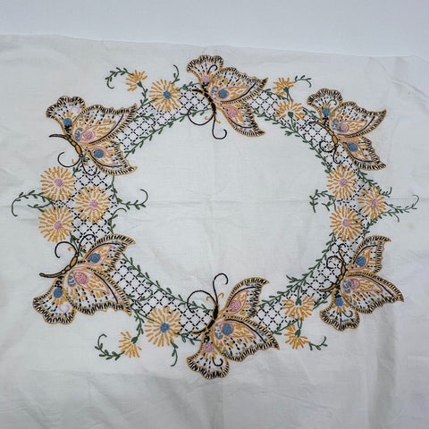 Vintage Hand Embroidered Butterfly Floral Tablecloth Mid-Century Cottage 86x66