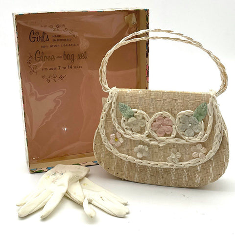 Vintage 1960s Girls Straw Purse and Embroidered Nylon Glove Set IOB
