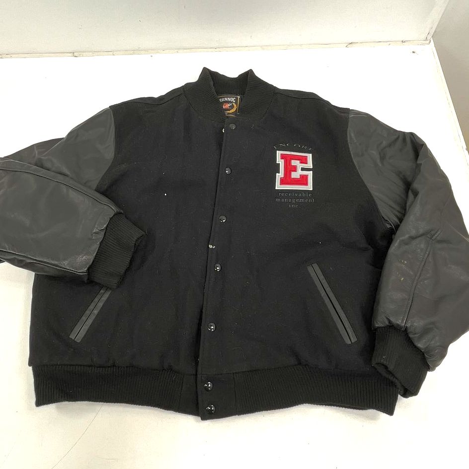Rennoc Black Vintage Y2K Embroidered Faux Leather Sleeve Varsity Jacket Men's
