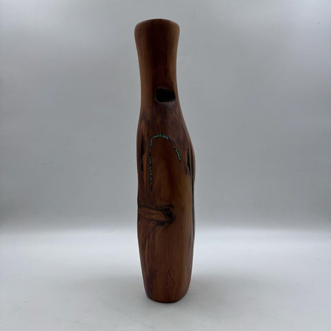 Studio Craft Red Cedar Wood Vase Turquoise Inlay Signed DG 18 Inch Vintage