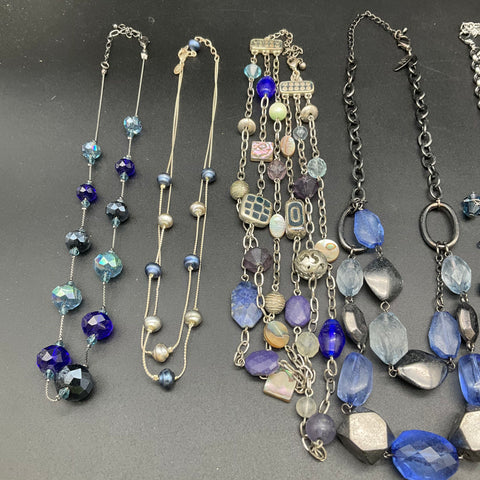 WHBM & Boutique Beaded Statement Necklaces Jewelry Lot of 9 Blue Silver Tone