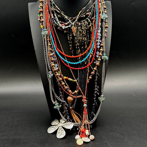 Boho Eclectic Jewelry Lot 15+ Necklaces Wood Seed Bead Tassel Flower Pendants