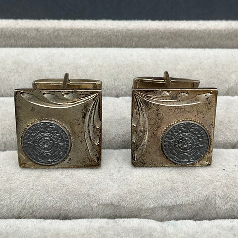 Vintage Mid-Century Mexican Sterling Silver Aztec Calendar Cufflinks SOL 15.4g