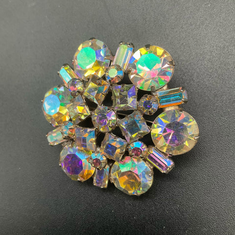 Vintage Weiss Aurora Borealis Rhinestone Brooch Silver Tone Signed Pin 2"
