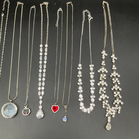 Fashion Jewelry Necklace Lot 11pc Silver Tone Rhinestone Faux Pearl Heart Locket