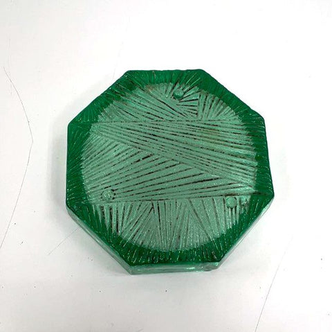 Pressed Glass Green Octagonal Ashtray Textured Linear Pattern Vintage 7.5 Inch