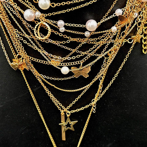 Mixed Costume Jewelry Lot 15 Pcs Gold Tone World Map Compass Star Faux Pearl