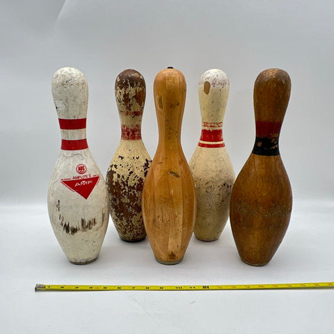 Vintage Bowling Pin Lot of 5 AMF Amflite II Wood Decorative Distressed ABC