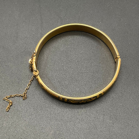 Vintage Damascene Hinged Bangle Bracelet Birds Flowers Gold Tone 7"