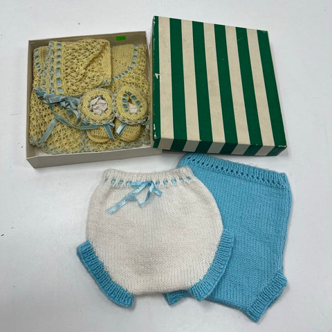 Vintage Handmade Baby Knit Crochet Layette Set Yellow Blue Soakers NOS Box