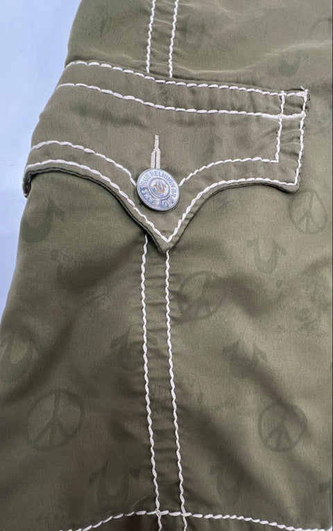 True Religion Men's Section Surf Olive Green Peace Sign Board Shorts Size 34