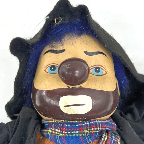 Vintage 70s Hobo Clown Doll Sad Face Hand Painted Plaid Outfit 22 in