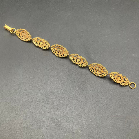 Vintage Lisner Gold Tone Victorian Revival Link Bracelet Amber Tone Stones 7"