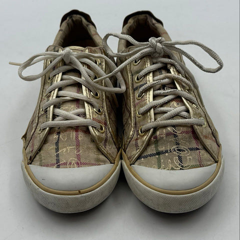 Coach Barrett Khaki Gold Plaid Signature Logo Low Top Sneakers Size 8.5