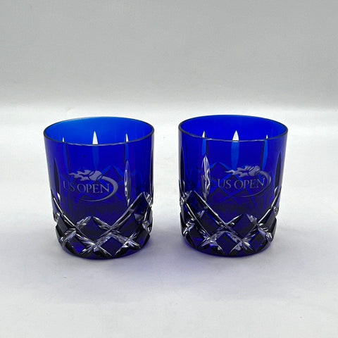 US Open Cobalt Blue Cut Glass Old Fashioned Rocks Glasses Pair Vintage