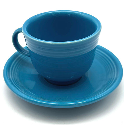 Homer Laughlin Fiesta Cup and Saucer Set 4 Piece Ceramic Scarlet and Blue Modern